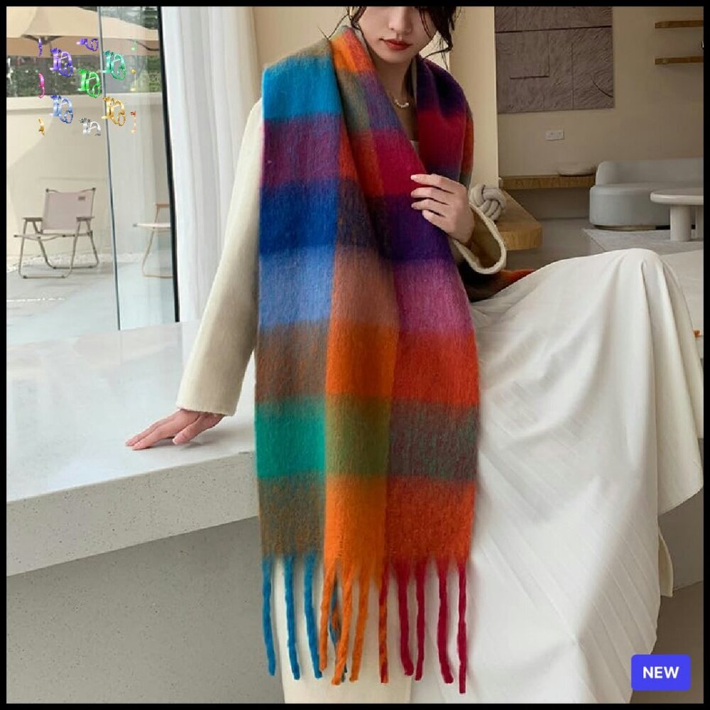 Chunky Knit Oversized Scarf Shawl Warm Winter Plaid Checked Elegant - Picture 5 of 8